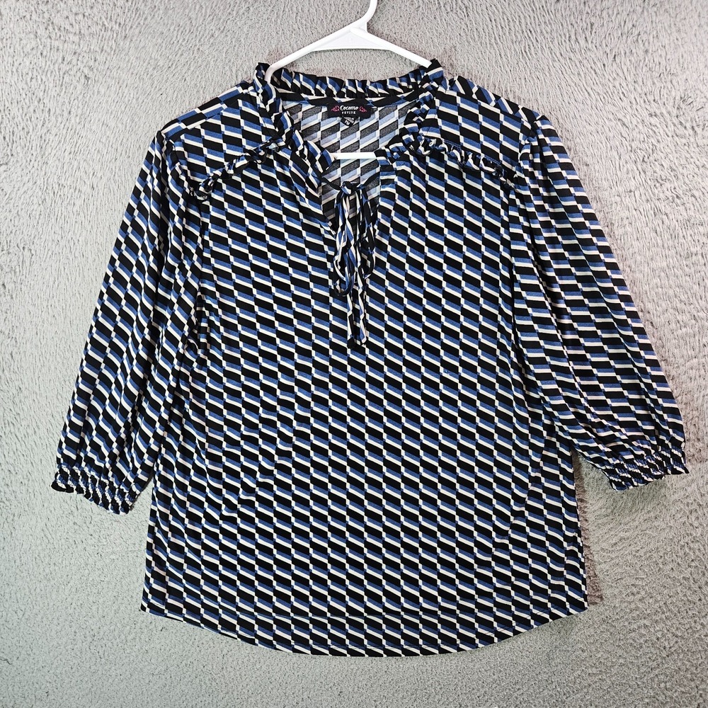Cocomo Top Blouse‎ Women Petite Medium Tie Nek Geometric Blue Black Beige